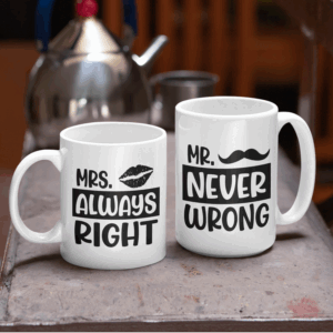 Σετ Λευκές Κούπες King-size & Queen-size | Mr. Never Wrong - Mrs Always Right