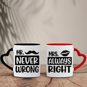 Σετ Δίχρωμες Κούπες Καρδιά | Mr. Never Wrong - Mrs Always Right