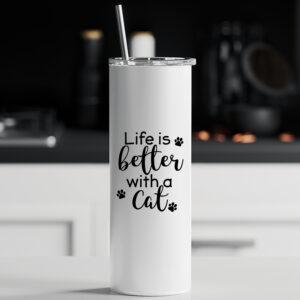 Ποτήρι θερμός μεταλλικό με καλαμάκι | Life is better with a cat